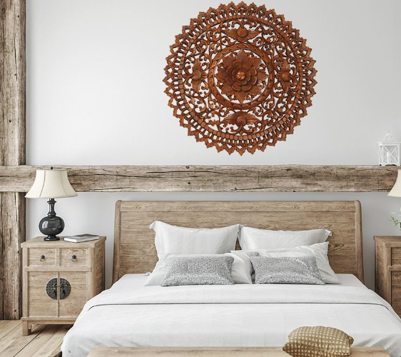 Carved Wooden Wall Art Framed Mandala Large Distressed White Decorative  Room Panel Headboard 61 X 61 Cm 