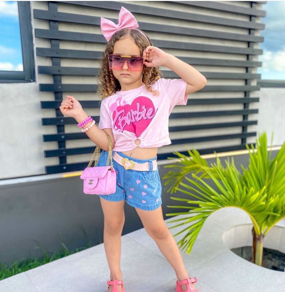 Conjunto Infantil Verão Barbie Girl Blusa Baby Look e Short Jeans Roupa da  Barbie Pink Menina 5790 - Brink Kids - Conjunto Infantil - Magazine Luiza