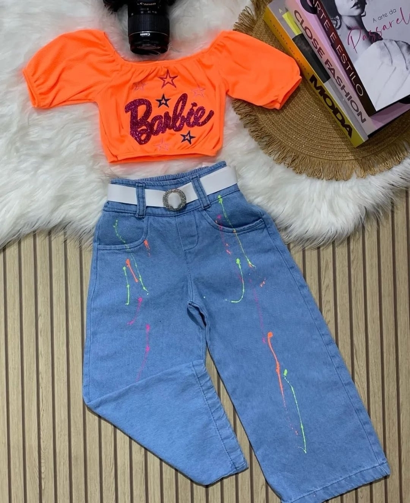 Conjunto Infantil Barbie Roupa Short Blusa Cropped Menina