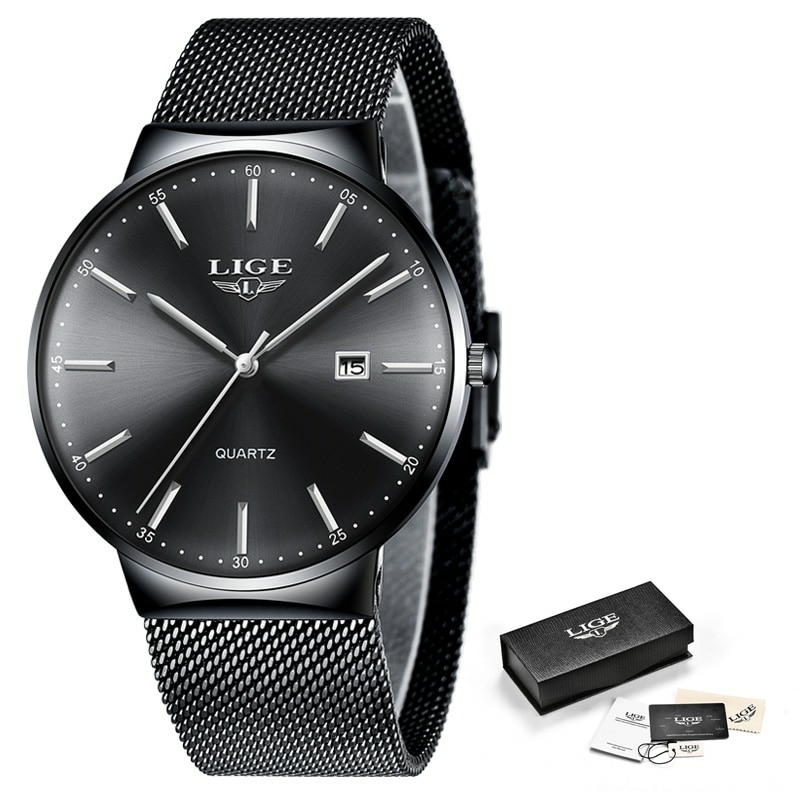 Relógio Masculino Ultrafino Total Black Malha de Aço - Preto