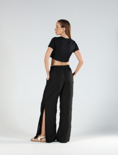 Calça pantalona linho/modal cós de elástico - Pietra - preta - comprar online