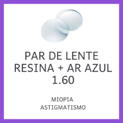 Conjunto de lentes de resina com antirreflexo azul, projetadas para miopia e astigmatismo.