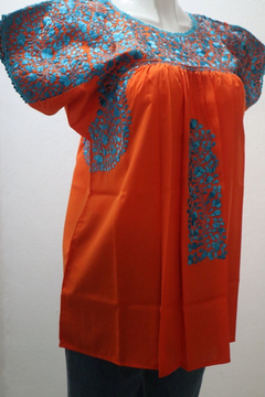 Blusa San Antonino Naranja Bordado Turquesa Talla Chica - tienda en línea