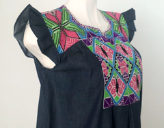 Vestido De Mezclilla Con Bordado Ejutla Multicolor Mod Greca - tienda en línea