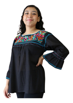 Blusa Mexicana Bordada A Mano Negra/multi Mod. Diana