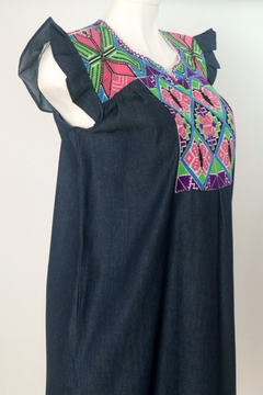 Vestido De Mezclilla Con Bordado Ejutla Multicolor Mod Greca - Lari Moda