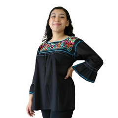 Blusa Mexicana Bordada A Mano Negra/multi Mod. Diana