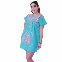 Minivestido Mexicano Bordado A Mano Menta/coral/beige T-m