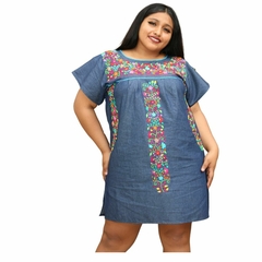 Vestido Denim Mexicano Bordado A Mano Mod. Florecita