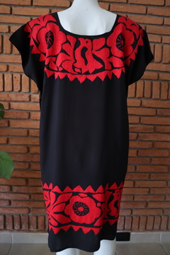 Vestido/huipil Bordado A Mano Mod Binni Negro con rojo Multicolor UT - tienda en línea