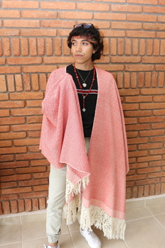 Poncho Ruana Rombo Beige Con Brocado Rey Hecho En Telar - tienda en línea