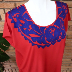 Vestido/huipil Bordado A Mano Mod Binni Rojo con Azul Rey UT - tienda en línea