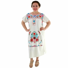 Vestido Mexicano Manta Bordado a Mano Talla S