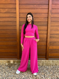 Calça pantalona em lurex pink