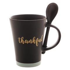 Caneca de Cerâmica com Colher Thankful Preto Matt/Azul 310ml - Wolff