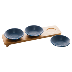 Conjunto 3 Petisqueiras de Porcelana com Bandeja Bambu Azul Matt 32cm x 9cm x 5cm - Wolff - comprar online