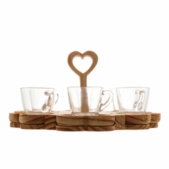 Conjunto 6 Xícaras de Café de Cristal com Pires e Suporte em Madeira Pinus Coração 75ml - Woodart na internet