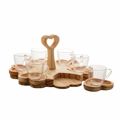 Conjunto 6 Xícaras de Café de Cristal com Pires e Suporte em Madeira Pinus Coração 75ml - Woodart