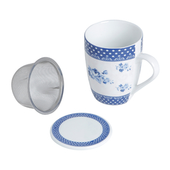 Caneca de Porcelana Azul e Branca Com Filtro e Tampa 340ml