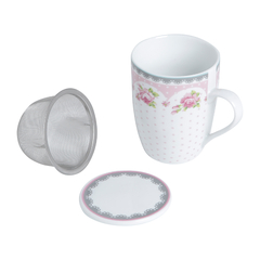 Caneca de Porcelana Rosa e Branca Com Filtro e Tampa 340ml