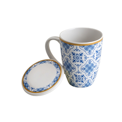 Caneca de Porcelana Azul e Branca Com Filtro e Tampa 340ml