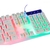 Teclado gamer branco semi mecânico com iluminação LED RGB, destacando as teclas e efeitos de luz coloridos.