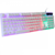 Teclado gamer branco semi mecânico com iluminação LED RGB, destacando as teclas e efeitos de luz coloridos.