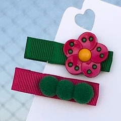 Kit Hairclips - Flor Pink e Verde