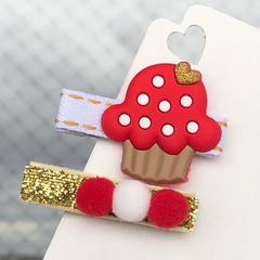 Kit Hairclips - Cupcake Vermelho e Dourado