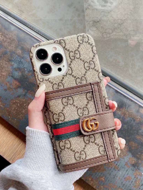 Gucci iphone 14plus/14pro max leather monogram case, by Rerecase