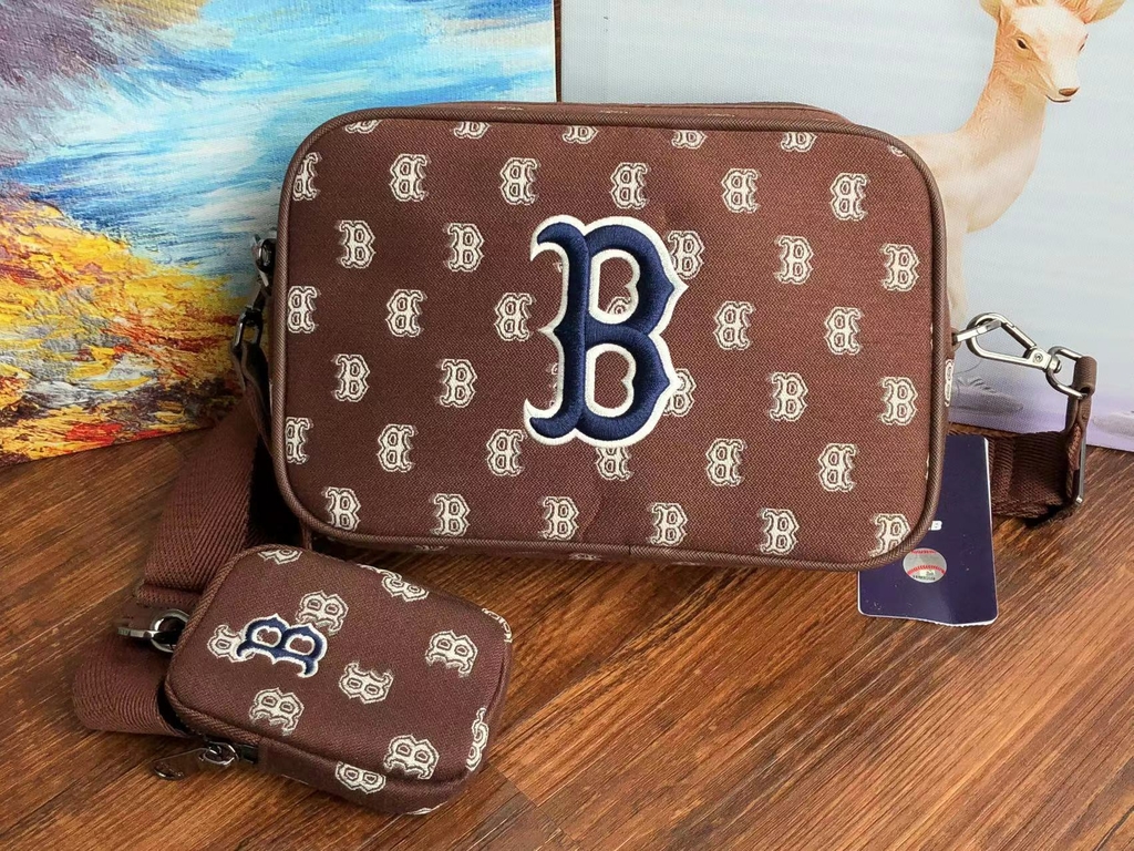 MLB Monogram Jacquard Boston Red Sox Hobo Bag Hand Bag MLB Shoulder Bag  Brown