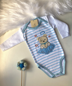 Body manga longa branco listra azul bordado Urso