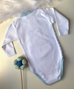 Body manga longa branco listra azul bordado Urso - Sid Bee