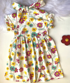 Vestido Julia creme flor pink e amarela com faixa - Sid Bee