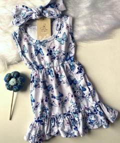 Vestido Lucy branco borboleta azul e rosa com faixa