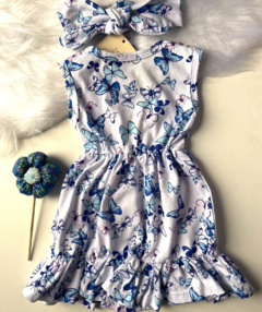 Vestido Lucy branco borboleta azul e rosa com faixa - loja online