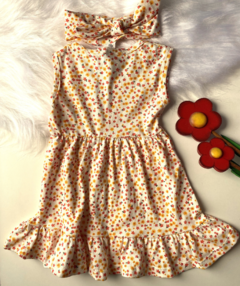 Vestido Jussara branco flor vermelha e amarela com faixa - Sid Bee