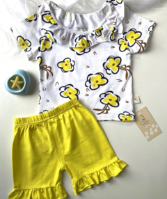 CJ Blusa manga curta babado e shorts amarelo