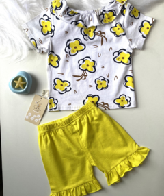 CJ Blusa manga curta babado e shorts amarelo - loja online