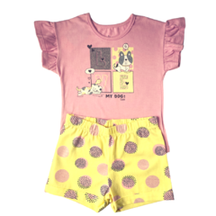 CJ Blusa manga curta babado lilás e shorts amarelo Love my Dog