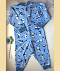 Pijama longo macacão azul Cachorrinho flanelado com botão