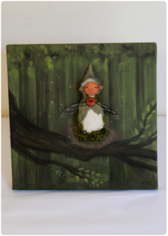 Imagem do Quadro 3D "Ninho de fada na floresta" - Tela original, pintura + escultura