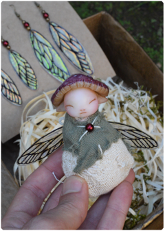 KIT 02 Mushroom Baby Fairy Art Doll + 2 pairs of Fairy Wings Earrings