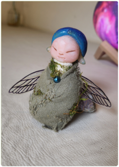 Baby Mushroom Fairy 2 - Blue Elemental Art Doll Sculpture