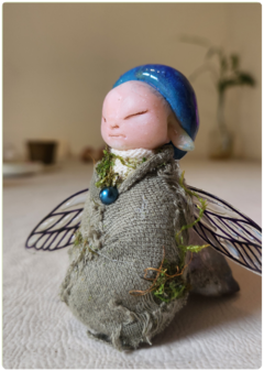 Image of Baby Mushroom Fairy 2 - Blue Elemental Art Doll Sculpture