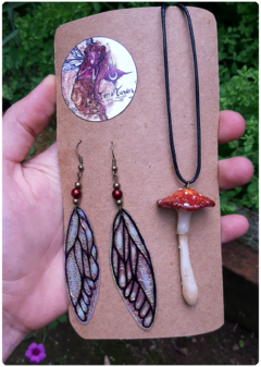 Kit Amanita Muscaria mushroom flexible pendant + Fairy wings earrings - buy online