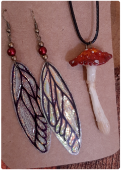 Kit Amanita Muscaria mushroom flexible pendant + Fairy wings earrings on internet