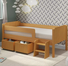 Cama Solteiro Infantil Geval Bella Plus com 2 baús para brinquedos escada e proteção lateral Nature