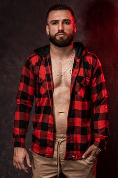 FLANNELED LONG SLEEVE SHIRT WITH RED BLACK PLAID HOOD