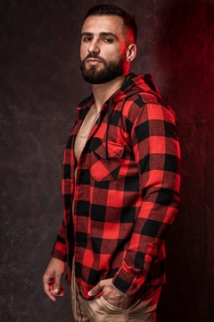 FLANNELED LONG SLEEVE SHIRT WITH RED BLACK PLAID HOOD - buy online